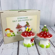 Stoneware Red Polka Dot Mushroom Salt &amp; Pepper Shaker Set w Frog &amp; Butte... - £26.20 GBP