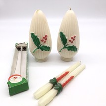 Lot  4 Mid Century Christmas Candles Tapir And Pillar  White With Holly Greenery - £20.97 GBP