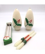 Lot  4 Mid Century Christmas Candles Tapir And Pillar  White With Holly ... - £20.64 GBP