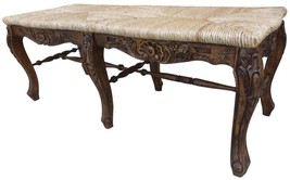 Bench French Country Farmhouse Wood Pecan Floral Carving Hand Woven Rush Seat - £899.17 GBP