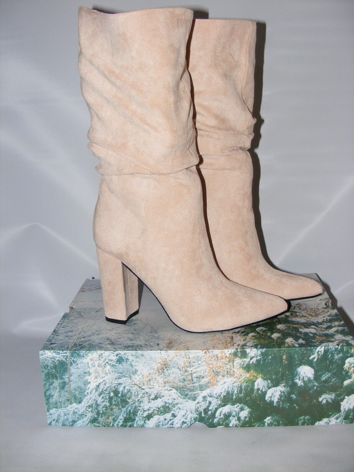 Unbranded Beige 5.5 Slouch Suede Mid Calf Boots Pointed Toe 3&quot; Block Hee... - $20.29
