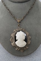 Antique Glass Cameo Style Pendant Necklace 22&quot; Long Chain Fancy Frame 2&quot;... - £23.10 GBP