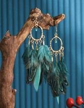 Blue and gold feather earrings - drop tassel earrings - $15.16