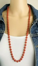 Vintage 1980&#39;s Signed Monet Goldtone Red Bead Strand Necklace 31&quot; - £15.87 GBP