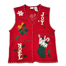 Vintage Bobbie Brooks Red Christmas Sweater Vest Cottage Core Womens Large JOY - $18.66