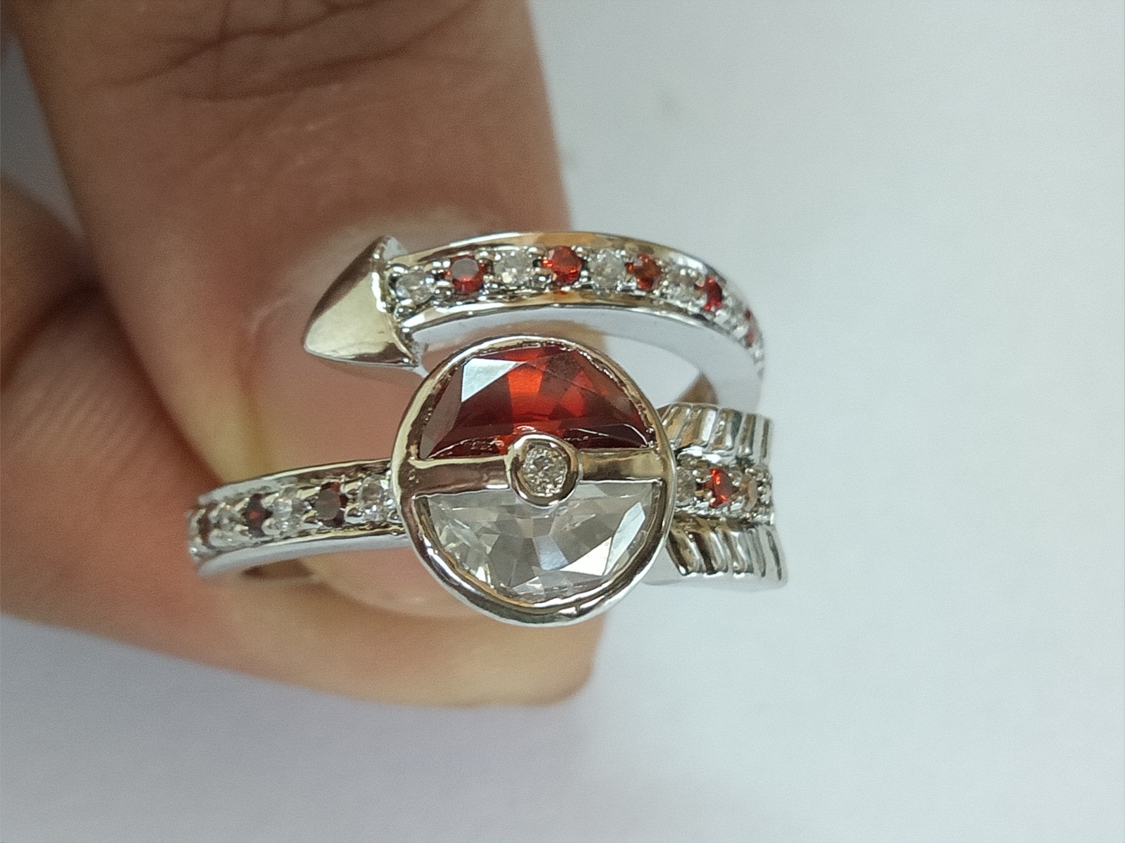 2.00Ct Half Round Cut Red & White Diamond 925 Silver Pokemon Engagement Ring