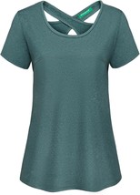 Kimmery Woman Short Sleeve Round Neck Criss Cross Back Yoga Shirt - £32.06 GBP