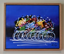 Signed Original Oil . Approx. 21 &quot; x25&quot;. Abstract of a Bike Race. Solid Oak  - £239.24 GBP