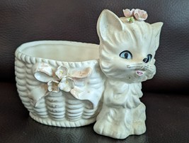 Vtg Lefton White Kitten Kitty Cat Planter Bow Blue Eyes Vase Anthropomor... - £26.57 GBP