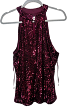 Belk Womens Burgundy Sequins Sleeveless Halter Top Sparkles Button Closu... - $29.65