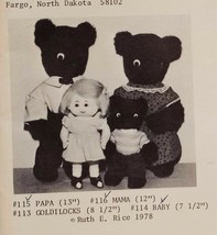 Three Bears Papa Mama Baby Stuffed Animals Sewing Pattern 1978 Ruth E. Rice 13&quot; - £11.94 GBP