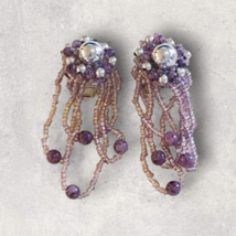 Vintage Clip on Earrings Dangle Purple Beaded Silver Tone - $9.49