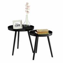 2 Nesting Round End Accent Tables Raised Edge Home Office Furniture 23 In Black - £99.11 GBP