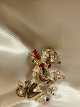 Vintage Silver Tone Poodle Pin Broach Red Bow White Dog - $9.90