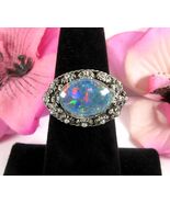 Vintage Imitation OPAL DAISY FLOWER RING Blue Green Glass Silvertone Adj... - $28.96 CAD