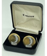 Vintage Unique Large Cufflinks By H Creations In Box Moon Crescent Man Love - $25.71