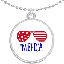 Merica Red White Blue Round Pendant Necklace Beautiful Fashion Jewelry - £8.60 GBP