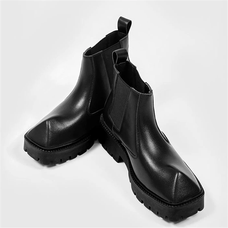 Leather Ankle Boots for Men  Platform Chelsea Boots Male R Toe Casual Shoes Mens - £95.35 GBP