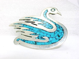 Swan Pendant/Brooch Pin Inlaid Turquoise 950 Sterling Silver Mexico - 2 Inches - £93.48 GBP