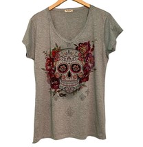Sweet Giselle T Shirt Womens XXL Gray Sugar Skull Bling Rhinestones Flow... - $235.23 MXN
