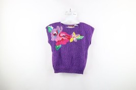 Vtg 90s Country Primitive Womens M Abstract Flower Knit Short Sleeve Sweater - £35.57 GBP