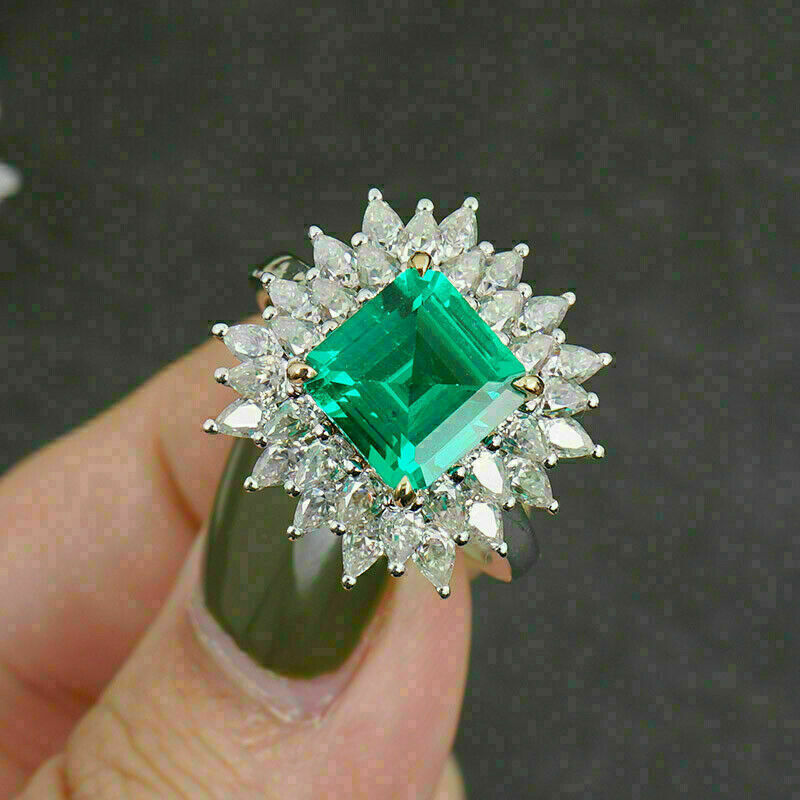 3Ct Asscher Cut Green Emerald Halo Engagement Ring 14K White Gold Finish Item image 5