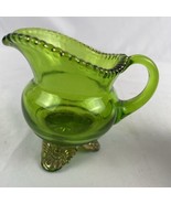 Vintage Green Glass 3&quot; Footed Creamer Gold Trim Souvenir Etched Mary 190... - $178.75 MXN