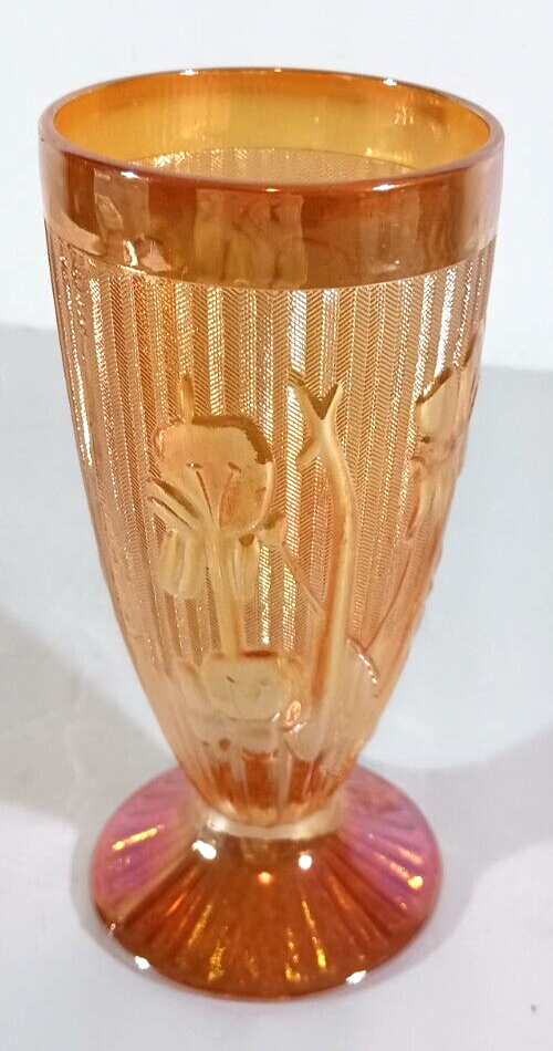 Jeannette Glass IRIS AND HERRINGBONE Marigold Iridescent Footed Water Tu... - $10.44