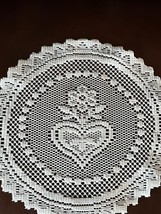 White Filet Lace Round Doilie w Valentine Heart Center – 11 inches in di... - $11.29