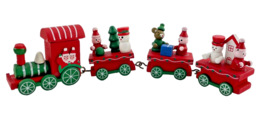 Christmas Train Painted Wood Mini Locomotive + 3 Carts Santa Snowman Tree - $14.45