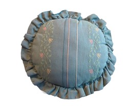 Vintage Crewel Double Sided Embroidered 15 Inch Round Pillow With Ruffle - £19.03 GBP