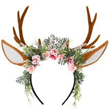 Handmade Antler Headband Brown Adjustable Reindeer Horns Crown with Ears Fairy F - £55.92 GBP
