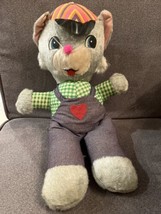 Vintage Plush Gray Cat Overalls Hat Heart Green White Checkered Top 16” - £7.05 GBP