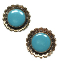 Vintage Copper Clip Earrings Blue Circle Scalloped Edge - £12.58 GBP