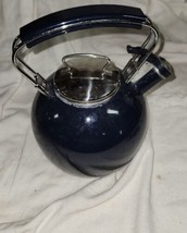 Vintage Dark Blue Enamelware Tea Pot Whistle Spout Brewing Classic Never... - $19.99