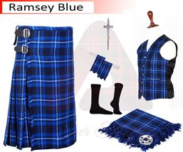 Men&#39;s Scottish Ramsey Blue 8 yard Tartan kilt - Highland Traditional kilt set - £63.96 GBP