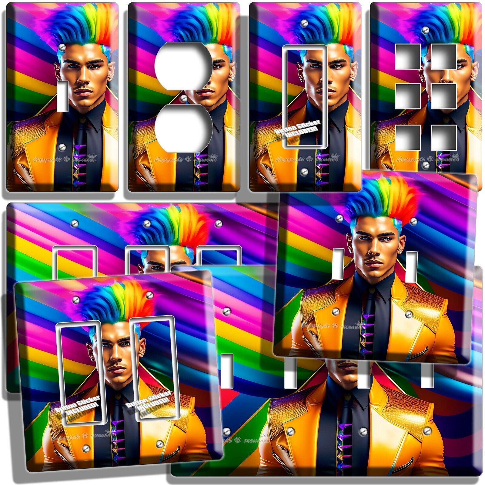 YOUNG GAY MAN RAINBOW HAIRSTYLE LEATHER JACKET LIGHT SWITCH OUTLET WALL HD DECOR