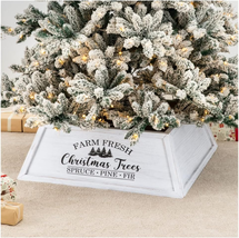 Wooden Tree Collar 32&quot;L Washed White, Rustic Farm Fresh Christmas Tree Skirt Box - £52.58 GBP