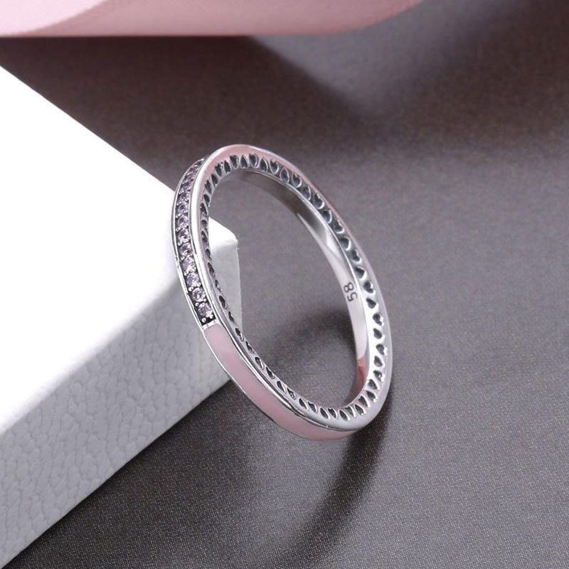 925 Sterling Silver Radiant Hearts with Pink Enamel & CZ Ring