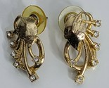 Vintage Clear Rhinestone Gold Tone Earrings Leaf Design - $14.99