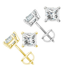 3.80CT Stylish Princess Cut Moissanite 14k Gold Stud Earrings Charles &amp; Colvard - £587.91 GBP