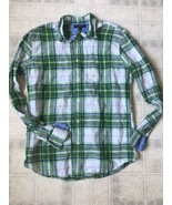 Mens Banana Republic Linen Blend Blue Green Plaid Long Slv Shirt Medium ... - $32.25