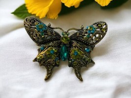 Vintage Big Teal Green White Rhinestone Filagree Butterfly Brooch Pin - £34.28 GBP