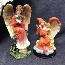 Pair Vintage Resin Angels 5” &amp; 7” Tall Orange Dresses One Playing Flute - £6.32 GBP