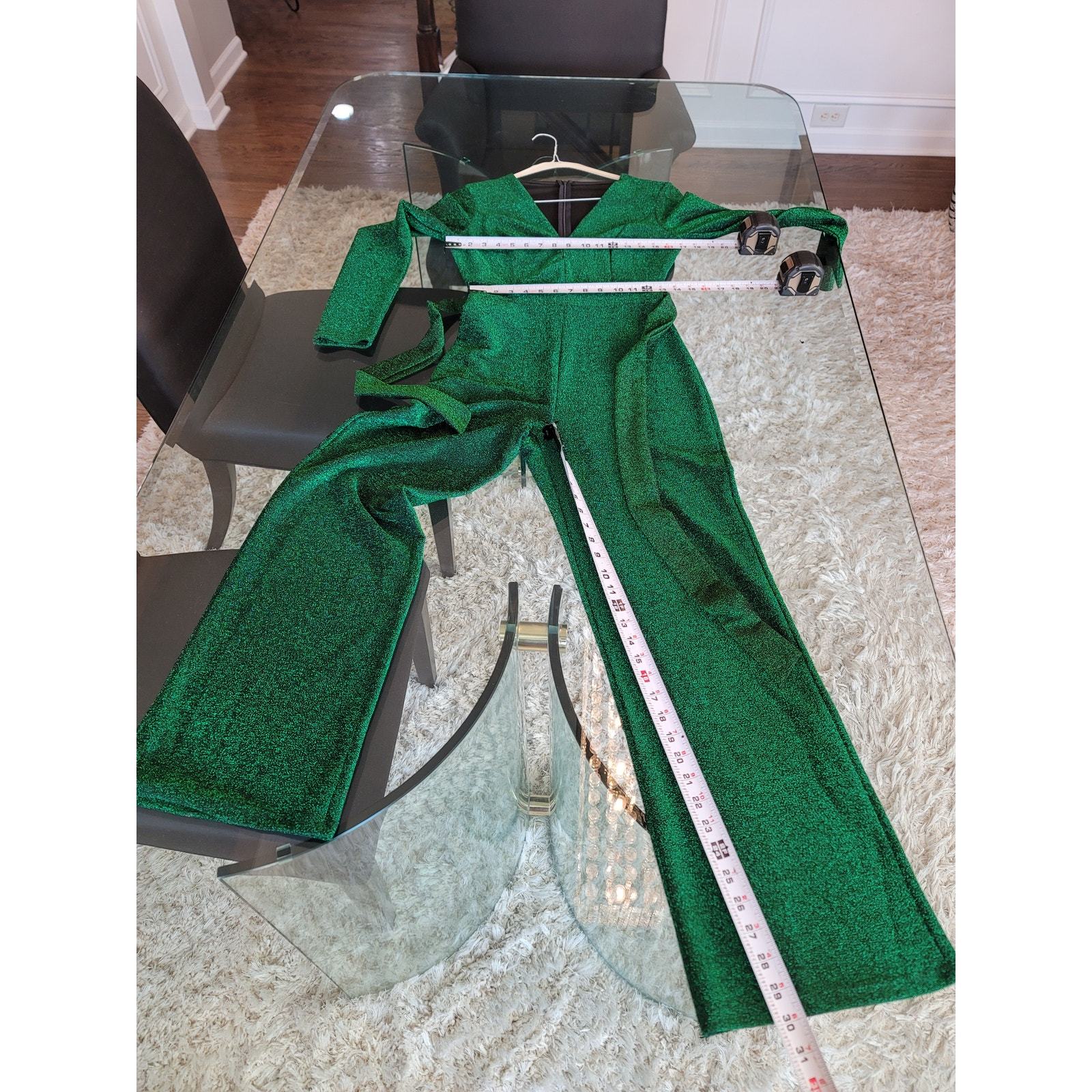 Women's Jumpsuit Small Green Metallic Glitter Long Sleeves V Neck Belted Item image 11