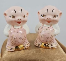 Vintage  Pig Rhinestone Eyes Salt and Pepper Shakers Anthropomorphic Pink Gold - £23.28 GBP