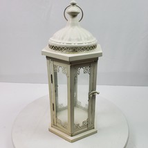 Vintage Lantern French Country Metal Glass Off White Painted 14.5x6.5 Inch - $99.00