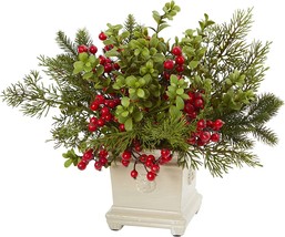 Nearly Natural 4194 Holiday Berry &amp; Pine Artificial Arrangement Green - £33.68 GBP