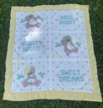 Vintage Cross Stitch Baby Quilt Yellow Gingham Backing Teddy Bears 36 x ... - $32.62
