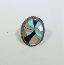 Native American Zuni Multi Stone Inlay Geometric Tree Sterling Silver 925 Ring - £99.12 GBP